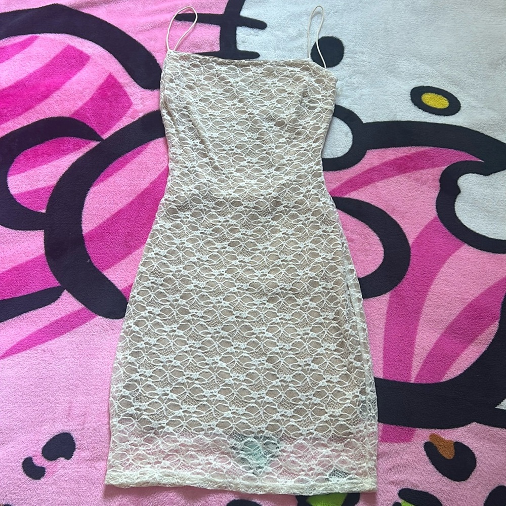 White And Nude Open Back Laced Dress